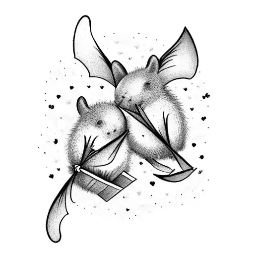 A romantic scene of two bats cuddling in a cozy hut in the woods, surrounded by plants, acorns, and twinkling stars tattoo design idea