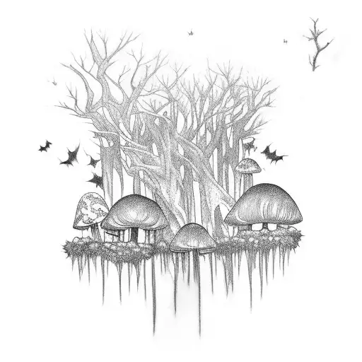 A mystical forest scene with bats flying among the trees and mushrooms growing on the forest floor tattoo design idea