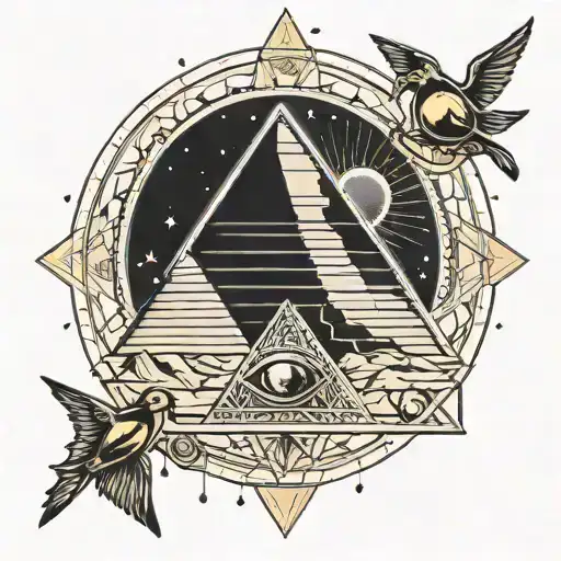 geometric Egyptian pyramid tattoo with solar system and Horus eye wings line tattoo black  tattoo design idea