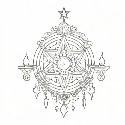 symmetrical wicca ornamental slightly v-shaped fineline chandelier design with moon and stars incorporated tattoo design idea
