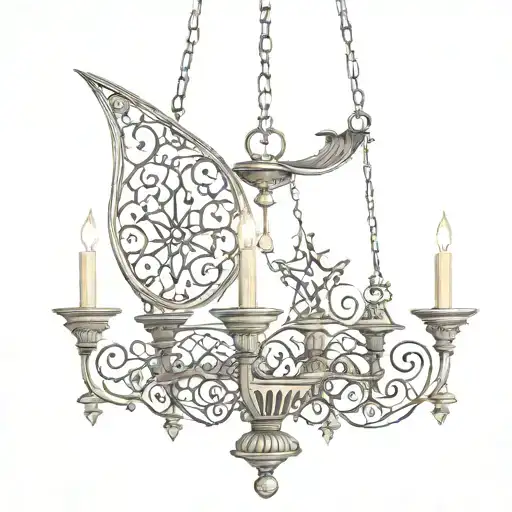 symmetrical chest wicca ornamental slightly v-shaped fineline chandelier design with moon and stars incorporated tattoo design idea