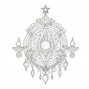 symmetrical wicca ornamental slightly v-shaped fineline chandelier design with moon and stars incorporated tattoo design idea