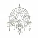 symmetrical wicca ornamental slightly v-shaped fineline chandelier design with moon and stars incorporated tattoo design idea