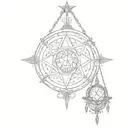 symmetrical wicca ornamental slightly v-shaped fineline chandelier design with moon and stars incorporated tattoo design idea