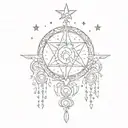 symmetrical wicca ornamental slightly v-shaped fineline chandelier design with moon and stars incorporated tattoo design idea