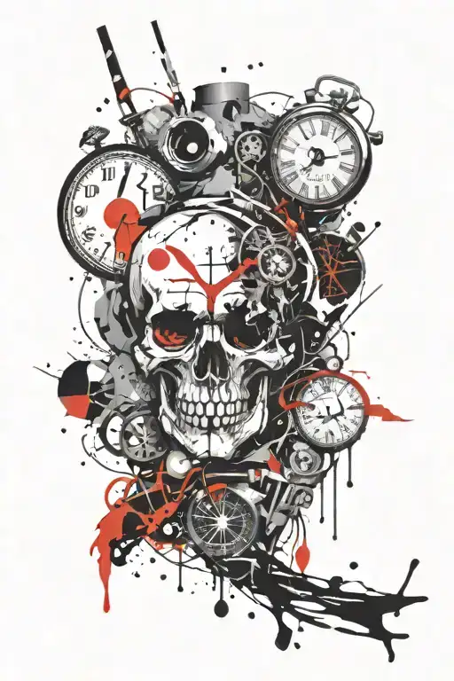 clown skull smashed by clock face tattoo design idea