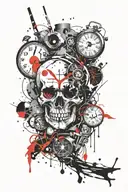 clown skull smashed by clock face tattoo design idea