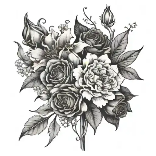 bouquet flower using carnations, daffodils, lily of the valley, roses, honeysuckle, marigold and poinsettia  tattoo design idea