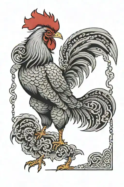 Chinese rooster overlooking viking scales balancing life tattoo design idea
