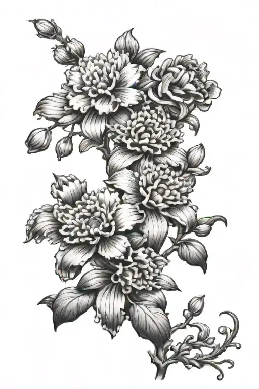 Chrysanthemum, orchid, and carnation flowers growing tattoo design idea