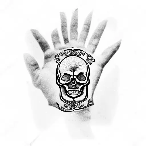 Skull and clock on palm of hand tattoo design idea