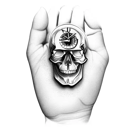 3d Skull and clock on palm of hand tattoo design idea