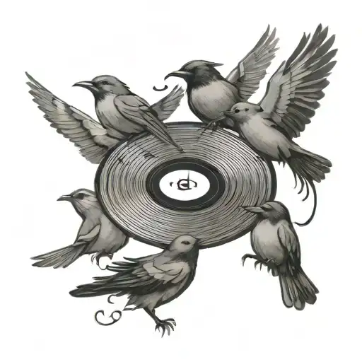 A black-grey tattoo of a choir of birds singing in harmony on a vinyl record tattoo design idea