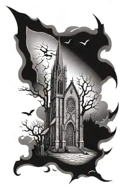 cemetary with gothic church tattoo design idea