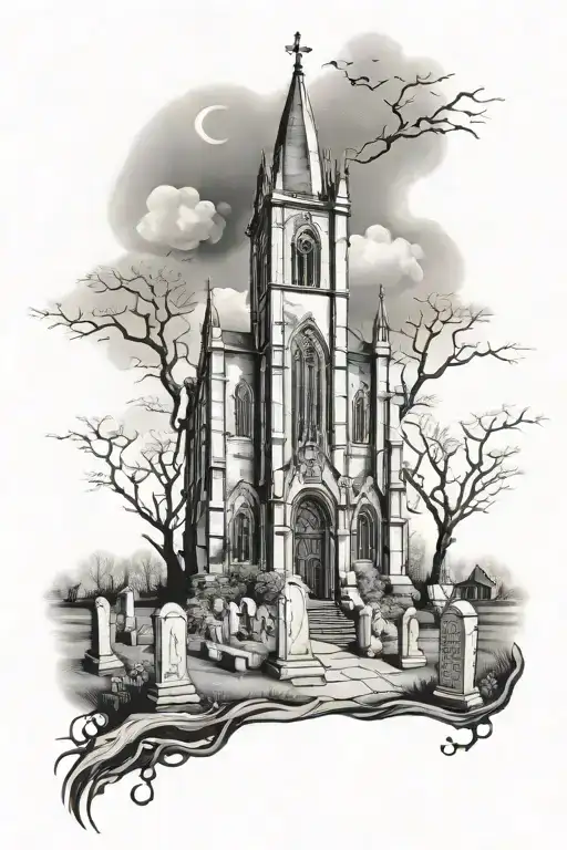 cemetary with gothic church tattoo design idea