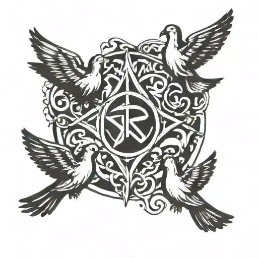 An abstract interpretation of the Holy Trinity, with doves representing the Holy Spirit and the names Brittany and Molly forming a hidden message within the design tattoo design idea