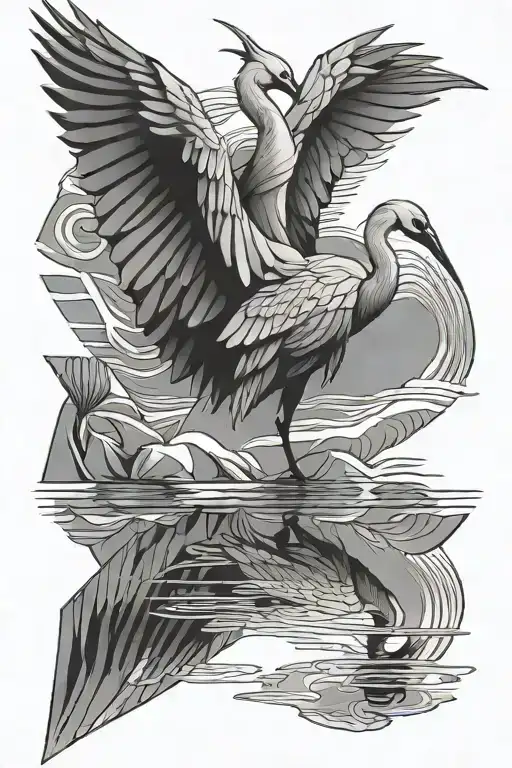 crane bird and reflection as origami crane bird tattoo design idea