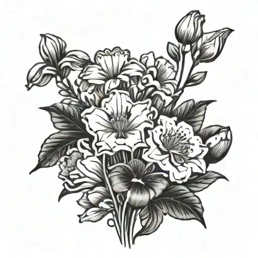 carnation flower, snowdrop flower, and daisy flower bouquet tattoo design idea