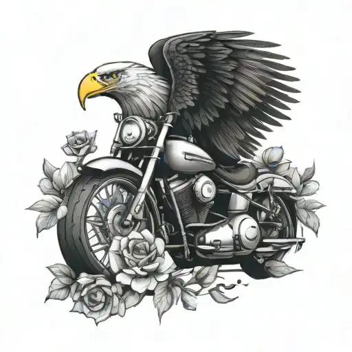 Harley motorcycle, eagle, flowers tattoo design idea