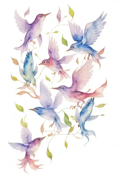 surrealist illustation of lilac falling leaves, each turning into several wispy fish, birds and one man and one woman tattoo design idea
