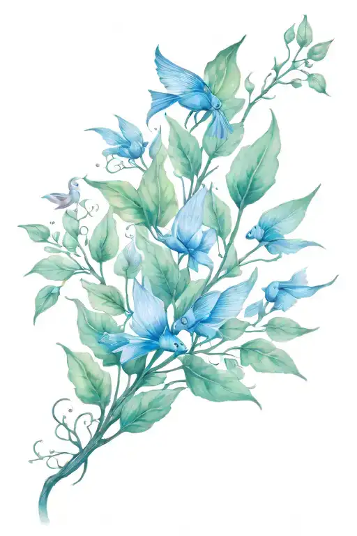 surrealist illustation of lilac leaves turning into wispy fish, birds and people in the style of Vladimir Kush  tattoo design idea