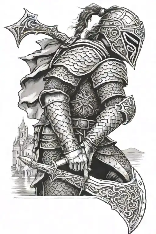 Celtic warrior in traditional scale mail with  pike in hand looking away at the skyline tattoo design idea