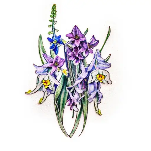 bouquet of daffodil bluebell and foxglove flowers tattoo design idea