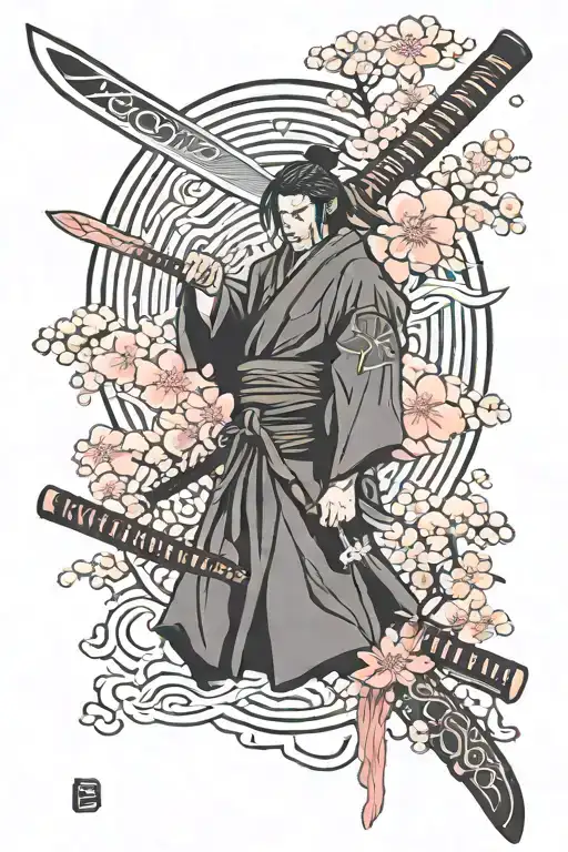 katana, hieroglyphs, sakura tattoo design idea