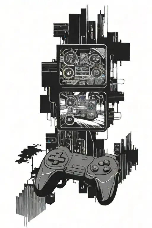 A futuristic cyberpunk cityscape with a hidden gaming controller integrated into the design tattoo design idea