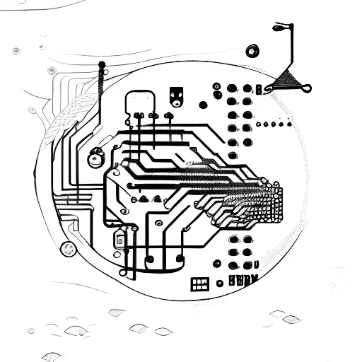 A sketch-style tattoo of a computer circuit board morphing into a school of fish swimming in a cybernetic ocean tattoo design idea