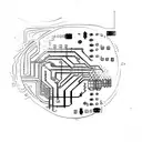 A sketch-style tattoo of a computer circuit board morphing into a school of fish swimming in a cybernetic ocean tattoo design idea