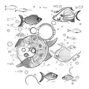 A sketch-style tattoo of a computer circuit board morphing into a school of fish swimming in a cybernetic ocean tattoo design idea