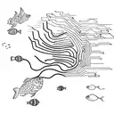 A sketch-style tattoo of a computer circuit board morphing into a school of fish swimming in a cybernetic ocean tattoo design idea