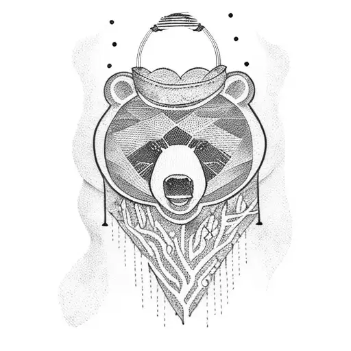 A dotwork tattoo showcasing a bear walking on a tightrope between tall trees in a forest tattoo design idea