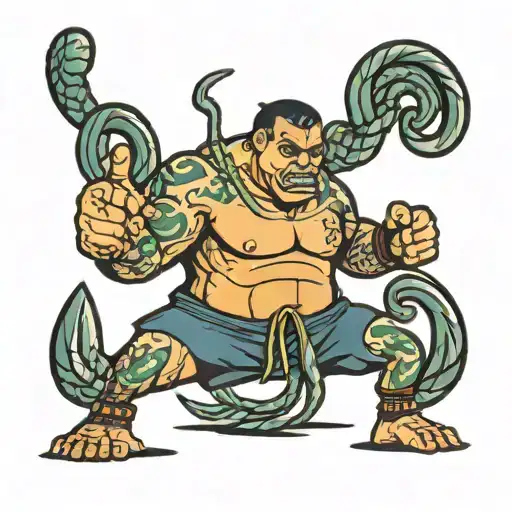 money bag wrestler with cat of nine tails tattoo design idea
