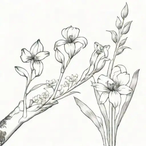 Full Forearm sleeve tattoo of Lillie’s, forget me nots, iris and crocus flowers in black and white with very little  tattoo design idea