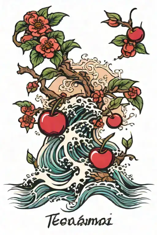 a cherry tree and tsunami waves tattoo design idea