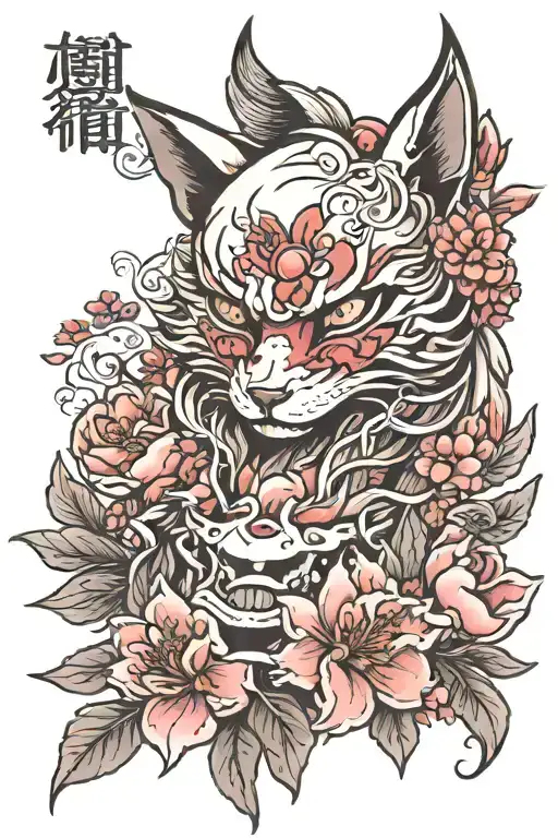 a cherry tree, peony flowers, cherry petals and a kitsune mask pierce tattoo design idea