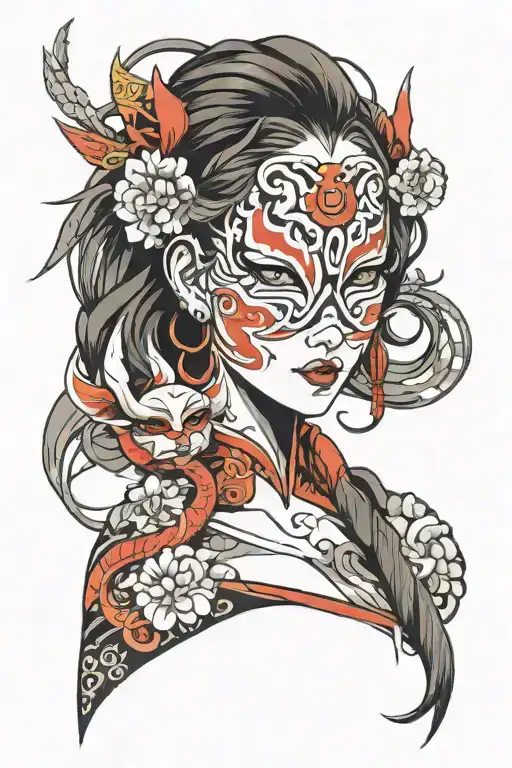 a woman with a Japanese mask tattoo design idea