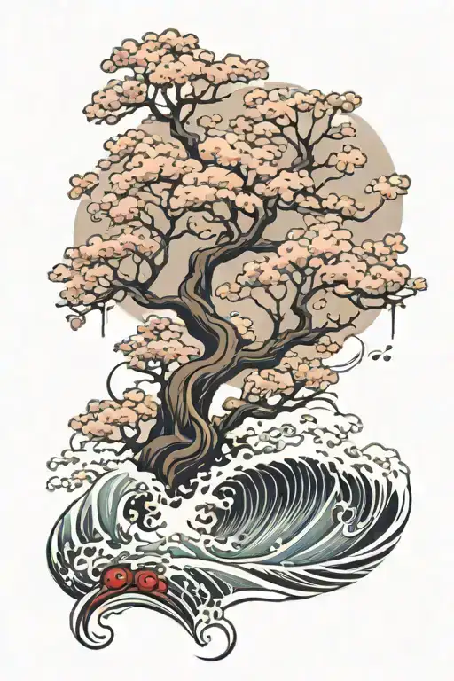 a cherry tree and tsunami waves tattoo design idea