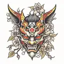 an oni mask with a cherry tree, peony flowers, cherry petals and a pierced kitsune mask tattoo design idea