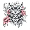 an oni mask with a cherry tree, peony flowers, cherry petals and a pierced kitsune mask tattoo design idea