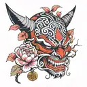an oni mask with a cherry tree, peony flowers, cherry petals and a pierced kitsune mask tattoo design idea