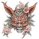 an oni mask with a cherry tree, peony flowers, cherry petals and a pierced kitsune mask tattoo design idea