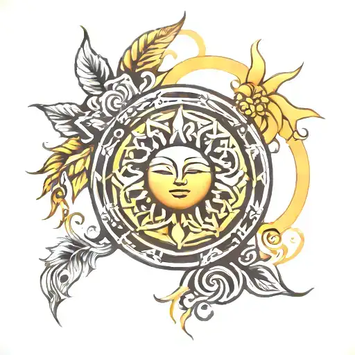 tribal sun and tree tattoo design idea