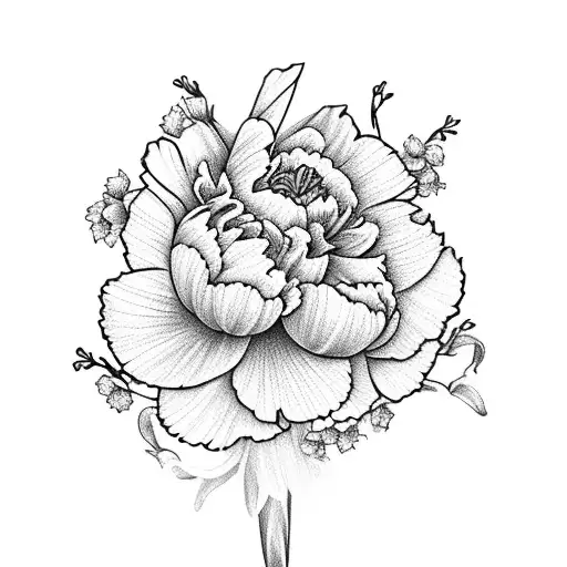 carnation, daffodil and peony bouquet tattoo design idea