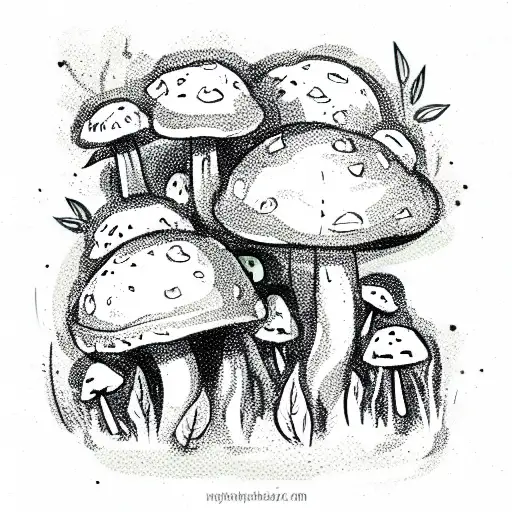  cute mushrooms on them green moss under them leaves and stars behind them tattoo design idea