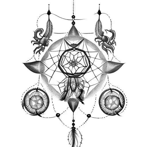 tattoo in which there will be a dream catcher and inside which there will be a scorpio zodiac sign. tattoo design idea