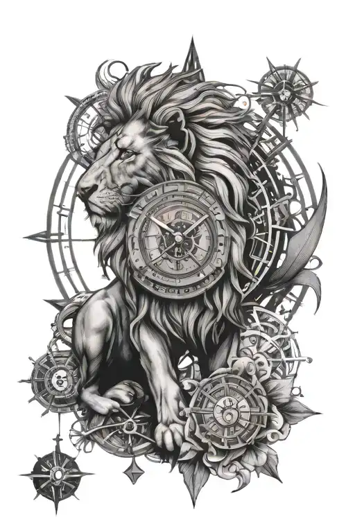 lion, clock, compass rose with intricate details tattoo design idea
