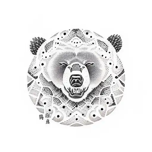 A dotwork tattoo of a bear sleeping peacefully on a sandy beach tattoo design idea